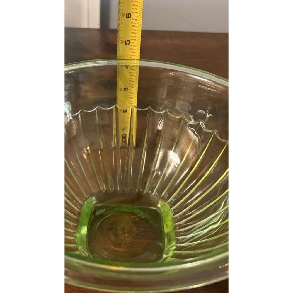 Vintage Uranium Glass Mixing Bowl Green UV Glow Ribbed Scalloped 9